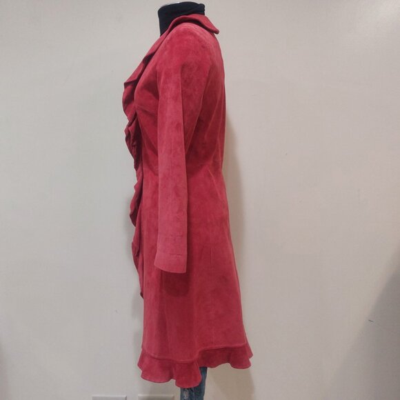 💋STUNNING BOHO CHIC💋Vintage Genuine Suede Ruffled Trench Coat in Rose Red - Picture 3 of 11